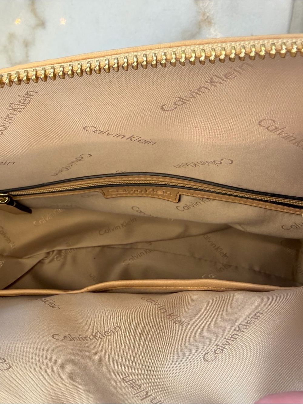 Calvin Klein Statement Series Tan Pebble Leather Satchel with Gold Lock - Picture 4 of 5